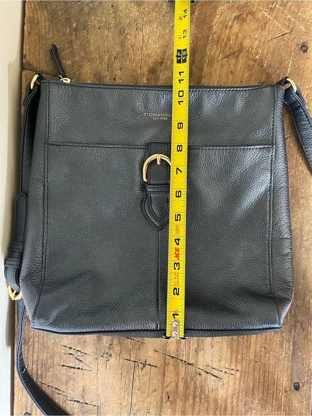 Tignanello Leather Metallic Dark Blue Crossbody with Gold Accents
